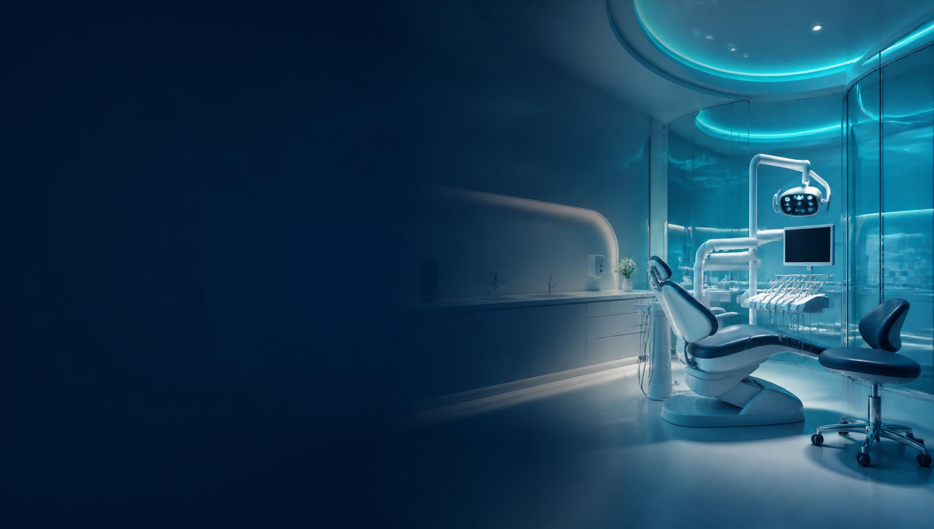 Modern dental clinic treatment room in navy and teal lighting